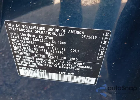 2019 Volkswagen Atlas 3.6L V6 Se W/Technology z USA, uszkodzony, nr VIN 1V2UR2CA7KC571332